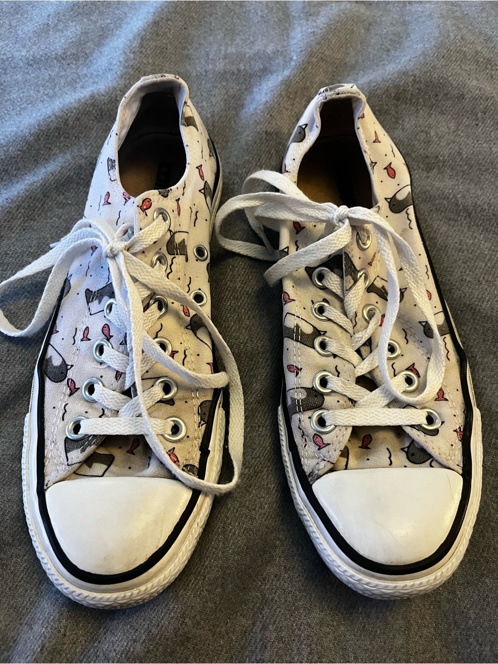 Converse White Canvas Low-Top Sneakers with Pink and Gray Whale Print